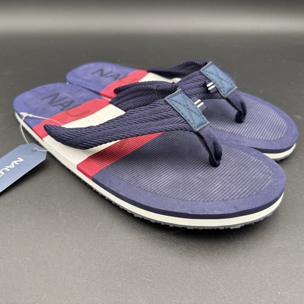 Nautica Mens‎ Eccen Flip Flops Size 11 Navy Blue Red White Striped Sandals